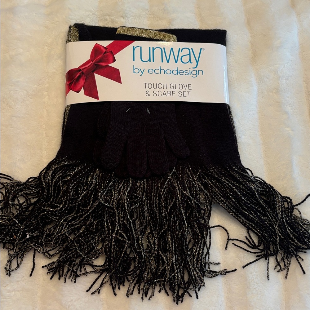 Women’s Black Gold Touch Glitter Glove Scarf Set Echo Design